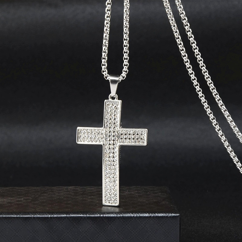 欧美跨境ins简约满钻十字架项链男女个性嘻哈百搭毛衣链吊坠饰品