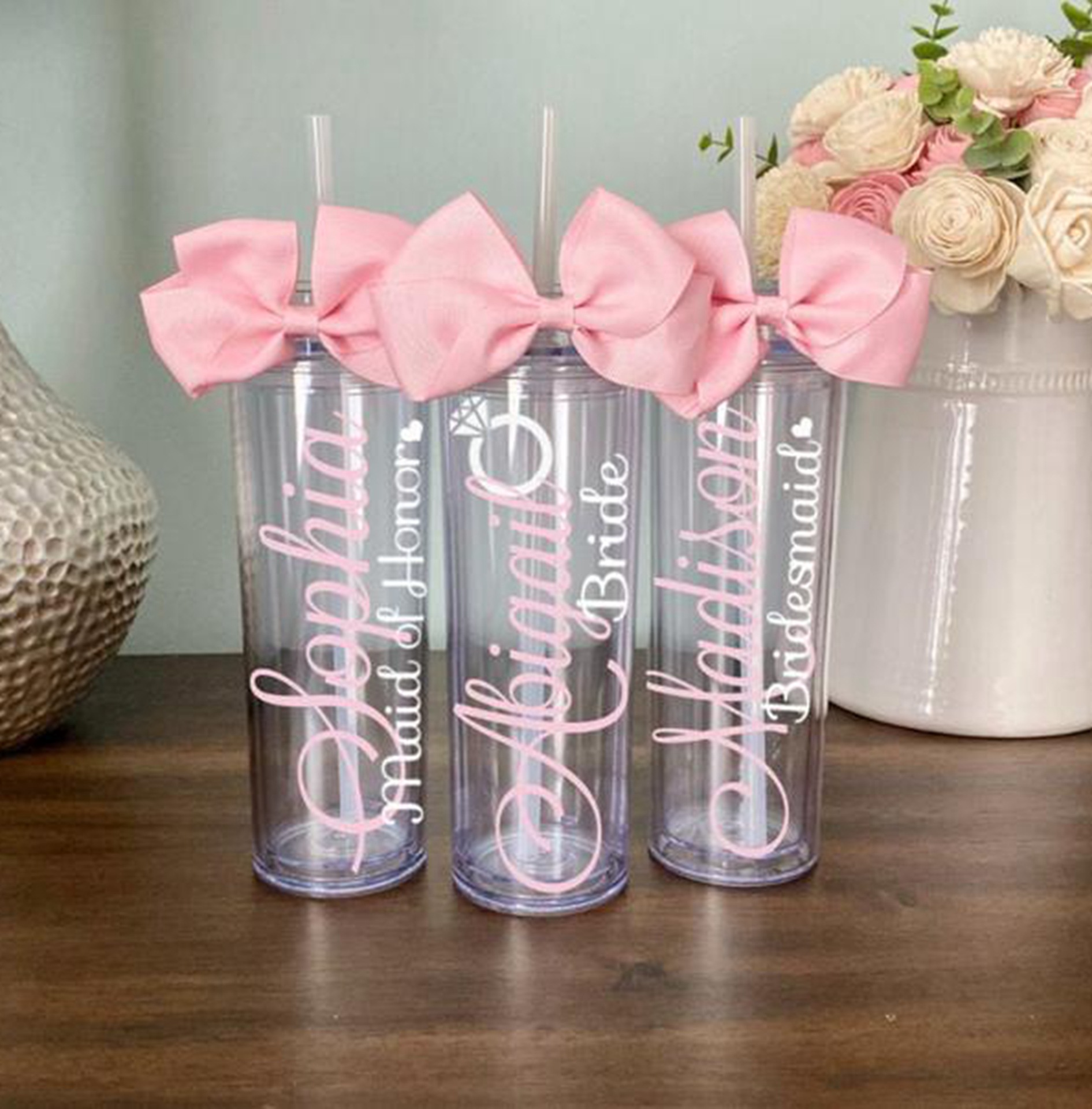 吸管杯蝴蝶结双层塑料直身饮料水杯卡通图案插纸饮料杯子批发