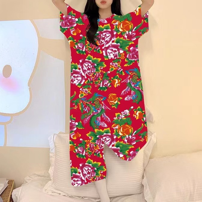 东北大花布纯棉连体睡衣女春季短袖新款网红搞怪情侣家居服睡袍男