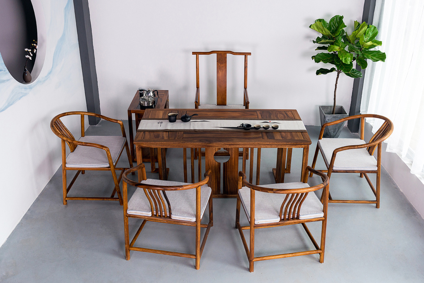 新中式实木茶桌 客厅胡挑木泡茶桌组合 禅意复古原木功夫茶桌茶台