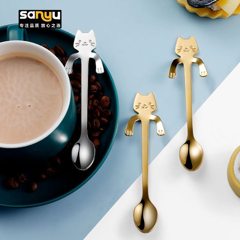 创意304不锈钢猫咪勺子 猫咪咖啡勺挂杯勺搅拌勺可悬挂马克杯勺