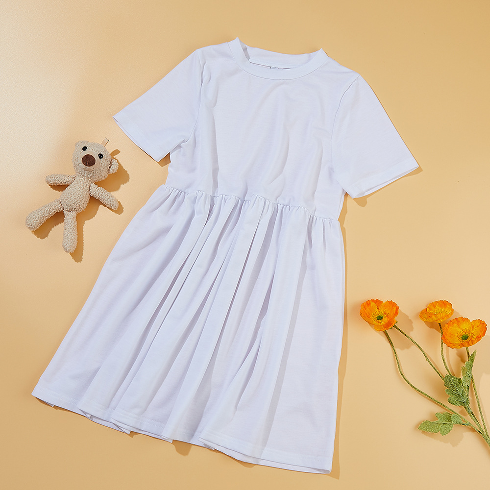 Sublimation Pleated Dress 190G Imitation Cotton Pull Frame Mid Skirt round Neck Short Sleeve Skirt Loose Mid Waist White Dress
