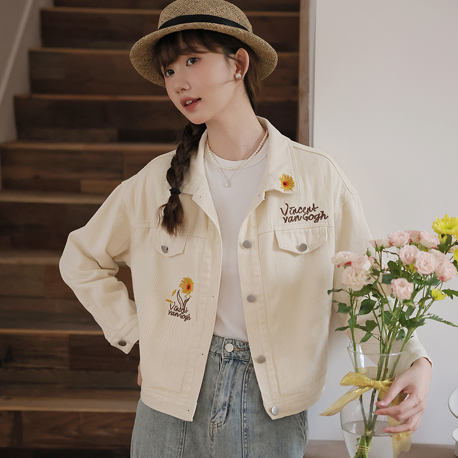 实拍2024春季新款韩版甜美绣花白色短款牛仔外套女甜美刺绣牛仔衣
