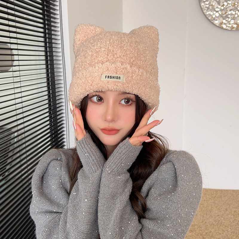 Plush Bonnet Women's Autumn and Winter Korean Style Cute Ears Baotou Woolen Cap Winter Earflaps Cold-Proof Lamb Wool Knitted Hat