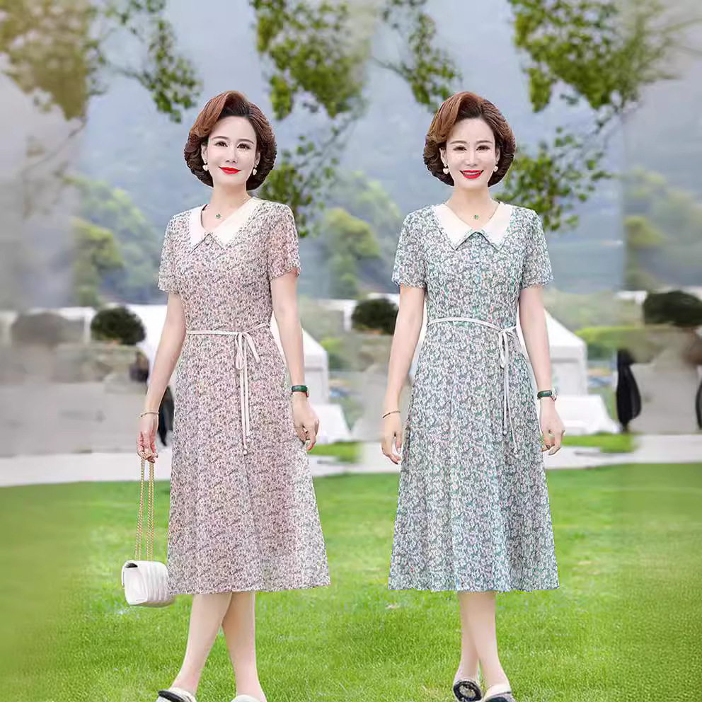 2024夏季新款高品质妈妈装雪纺印花连衣裙遮肚子40到50岁洋气裙子