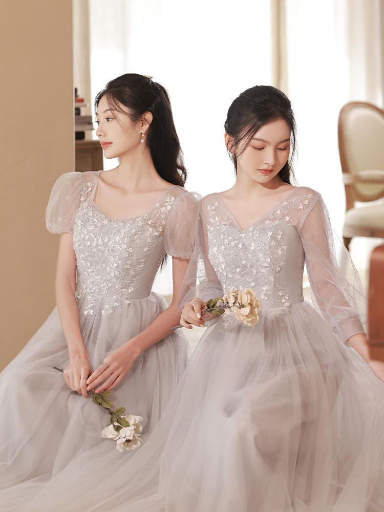 灰色伴娘服2022新款春夏季仙气质伴娘礼服姐妹团女主持人简约大气