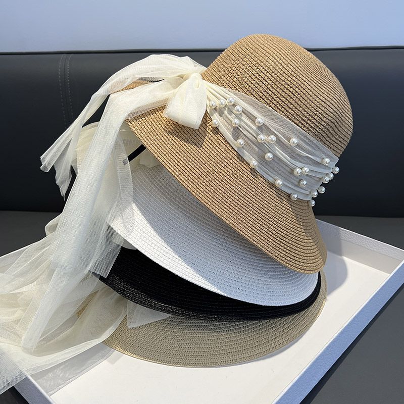 Summer Elegance Straw Woven Pearl Mesh Sun-Proof Straw Hat Female Bow French Sun Protection Hat Seaside Bucket Hat Bucket Hat