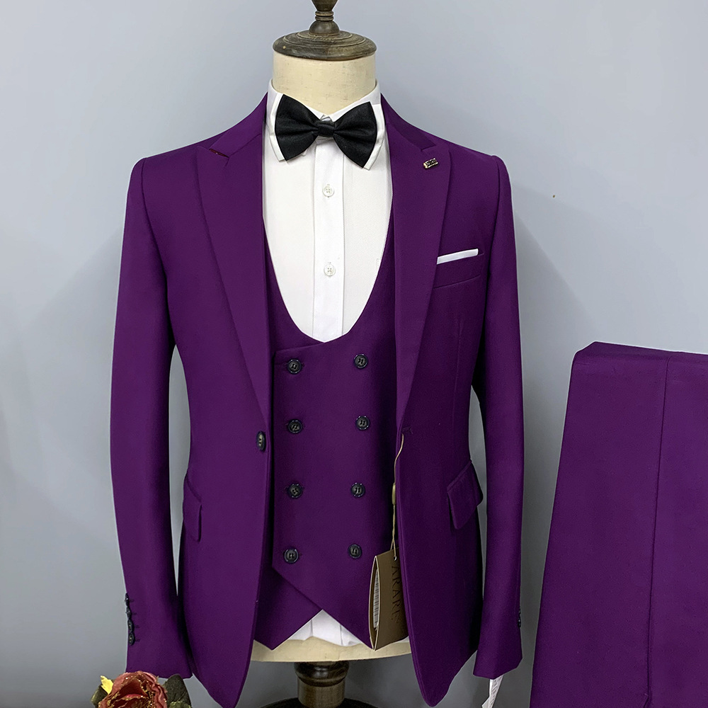 商务西装男修身三件套跨境厂家tr哔叽紫色礼服伴郎新郎西服男套装