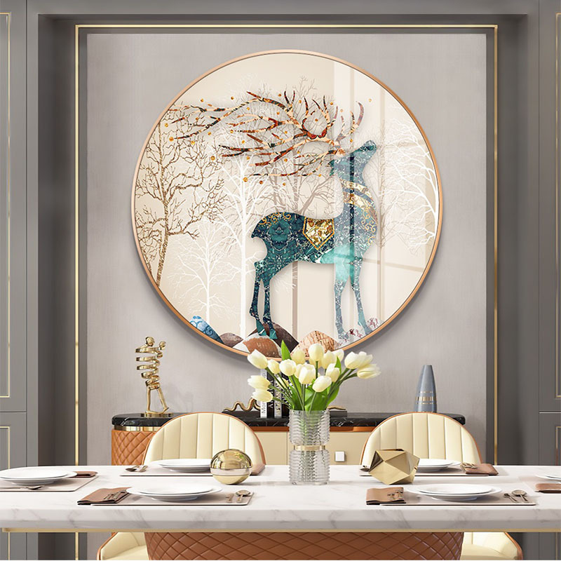 晶瓷画发财鹿财招入户玄关客厅装饰画圆形走廊过道壁画餐厅挂画