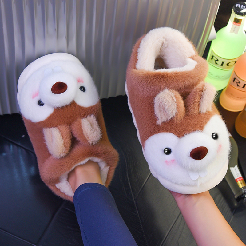 松鼠包跟棉拖鞋可爱冬季保暖卡通毛绒情侣室内家居厚底防滑棉鞋男