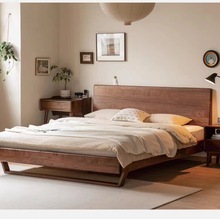 实木床北欧风卧室家具双人床简约黑胡桃木悬浮床家用大床
