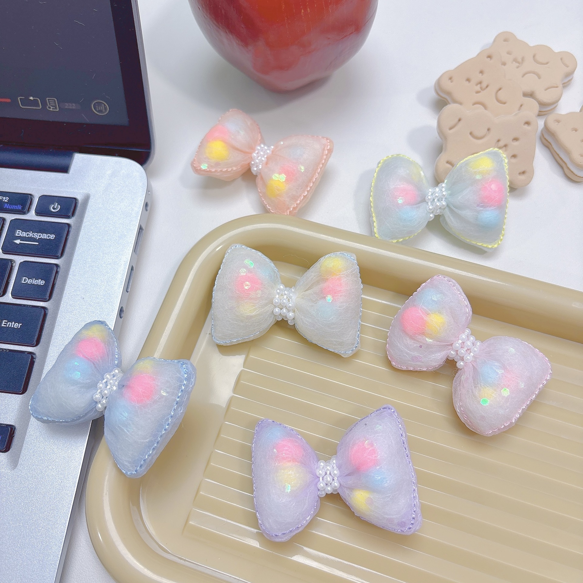 春夏布艺蝴蝶结配饰糖果色珍珠充棉蝴蝶结配件DIY娃娃配饰服装辅