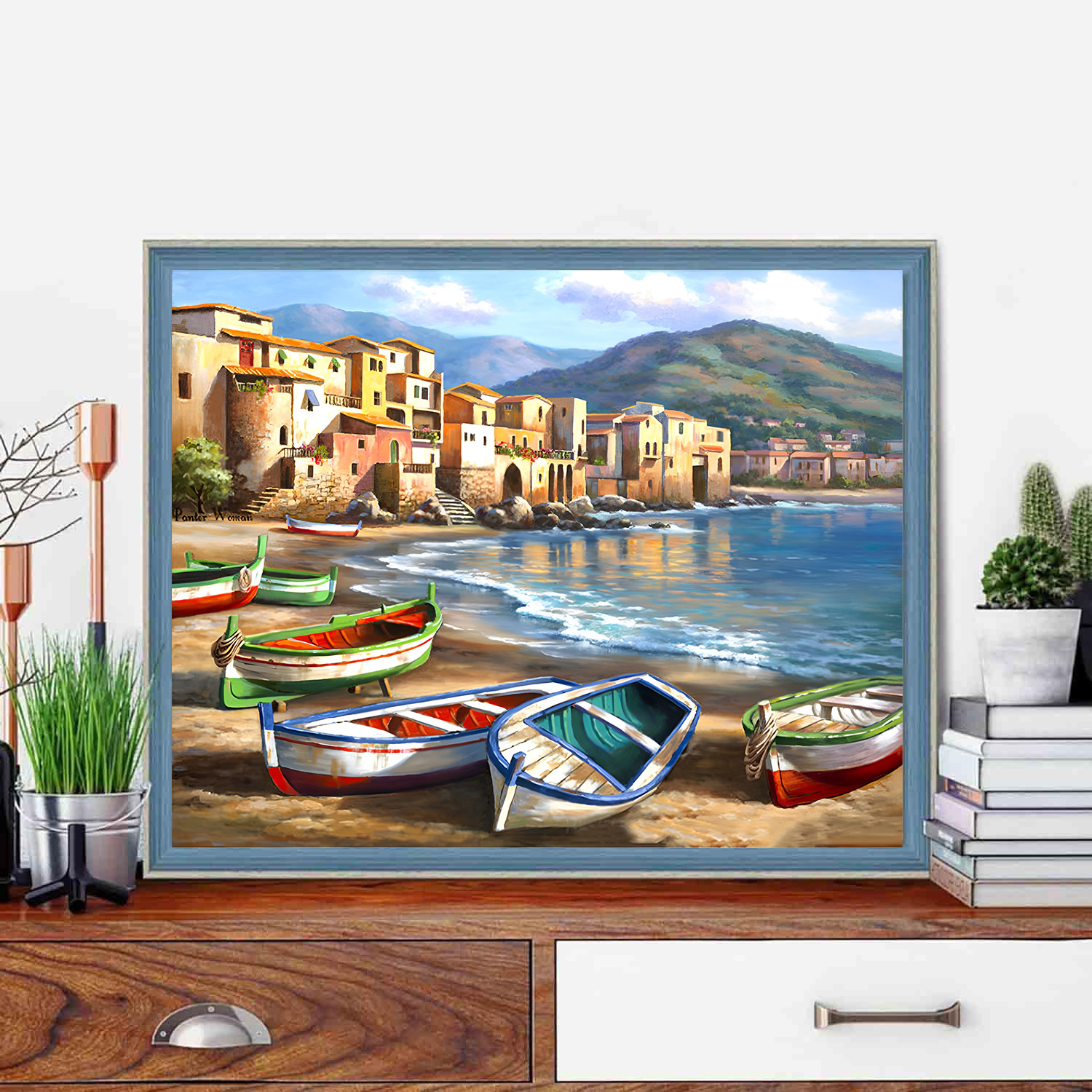 亚马逊diy带绷框钻石画满钻海边城堡风景5d魔方圆钻厂家批发跨境