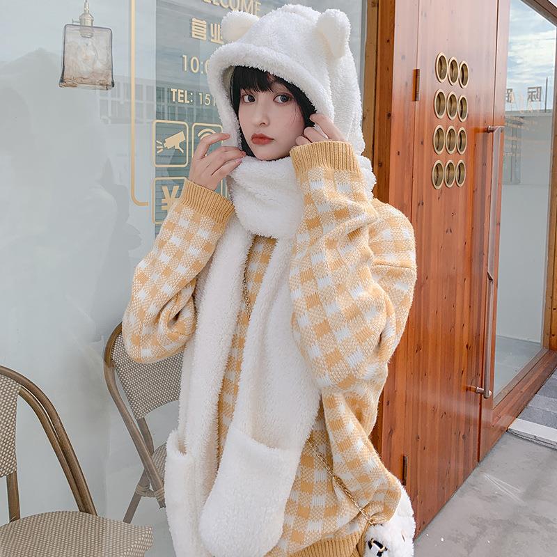 Xde Bear Ear Hat Autumn and Winter Winter Plush Scarf Three-Piece Set Korean All-Match Warm Scarf