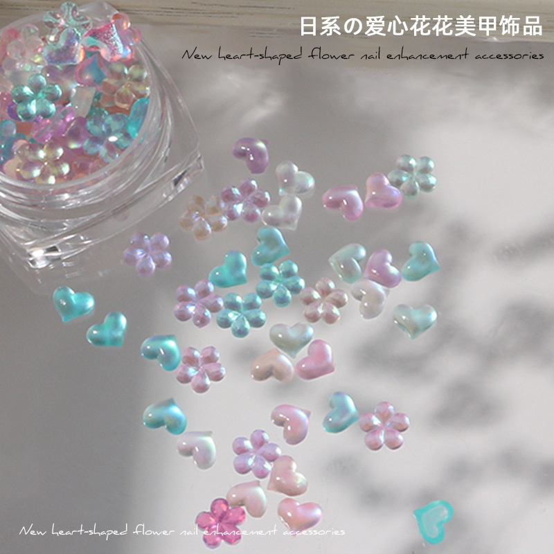 New Imitation Cat Eye Mixed Color Aurora Nail Rhinestone Sticking Xiaohongshu Same Style Small Love Heart Flowers Nail Ornament Wholesale