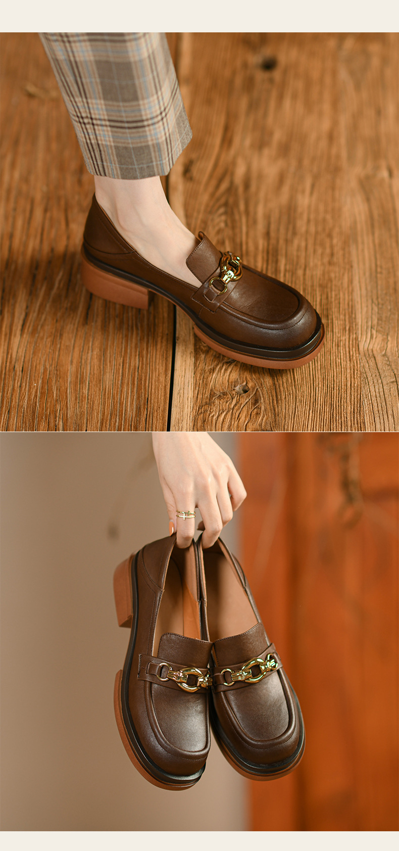 2022早春新款英伦风复古粗跟小皮鞋乐福鞋黑色棕色一脚蹬女单鞋潮