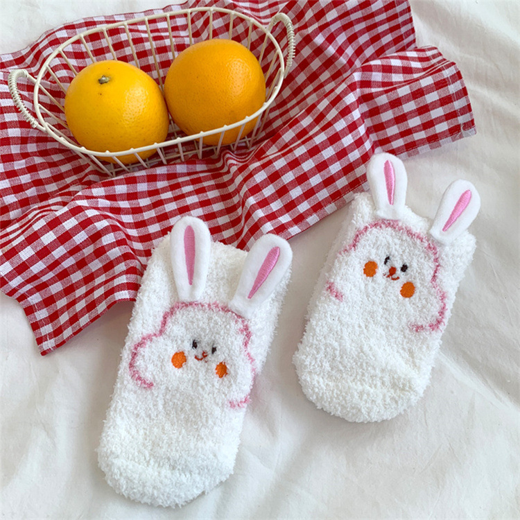 Winter New Coral Fleece Socks Japanese Three-Dimensional Cartoon Long Eared Rabbit Half Velvet Women's Mid Tube Stockings Warm Floor Socks