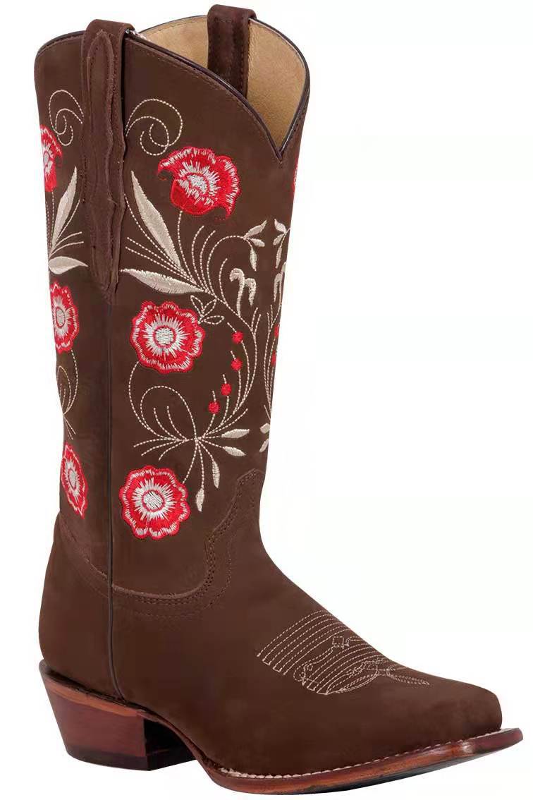 现货2021秋冬新款外贸大码女靴方头花朵刺绣平底中筒女式皮靴