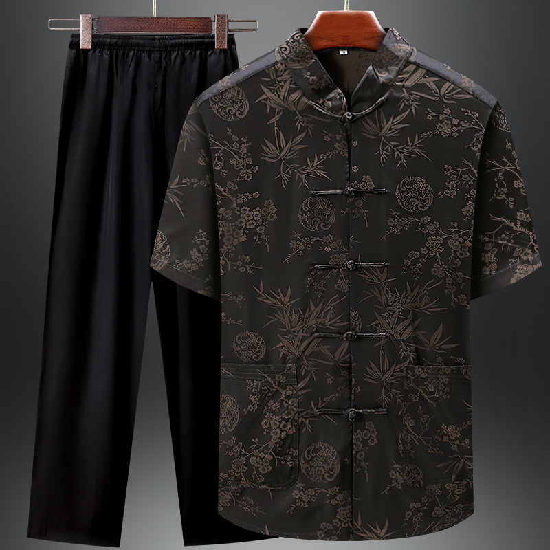 中国风短袖唐装男夏季真丝爸爸套装薄款桑蚕丝爷爷衣服中老年男装