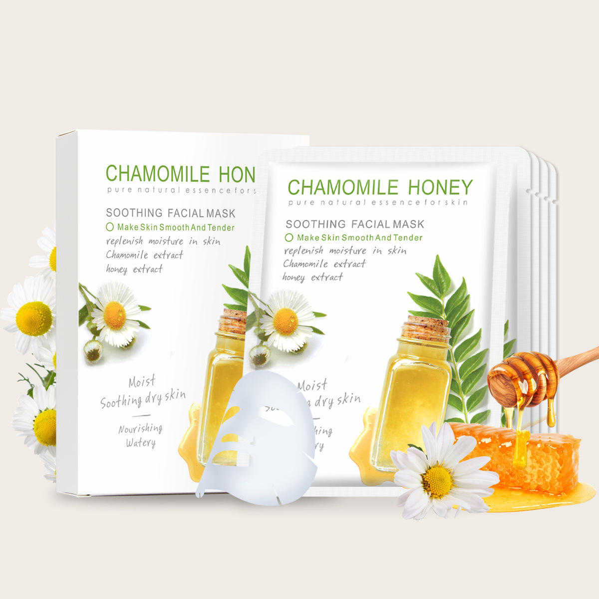 跨境外贸出口英文版蜂蜜洋甘菊补水保湿舒缓面膜msds认证gmpc认证