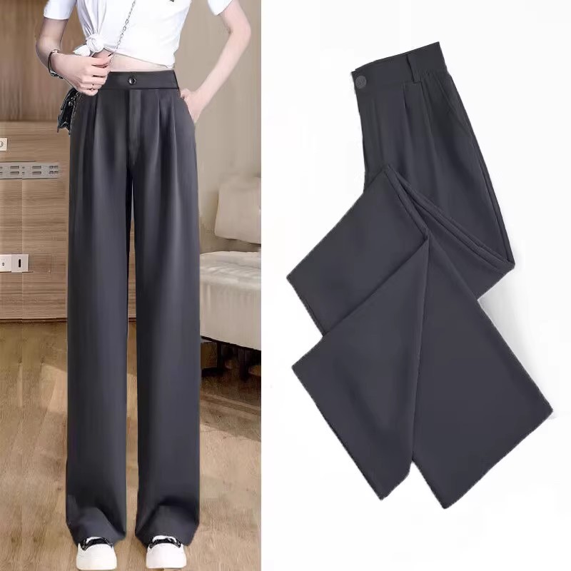 Gray Suit Design Pants Draping High Waist Loose and Slimming Casual Straight Pants Cropped Wide-Leg Pants Women's Spring and Summer Thin