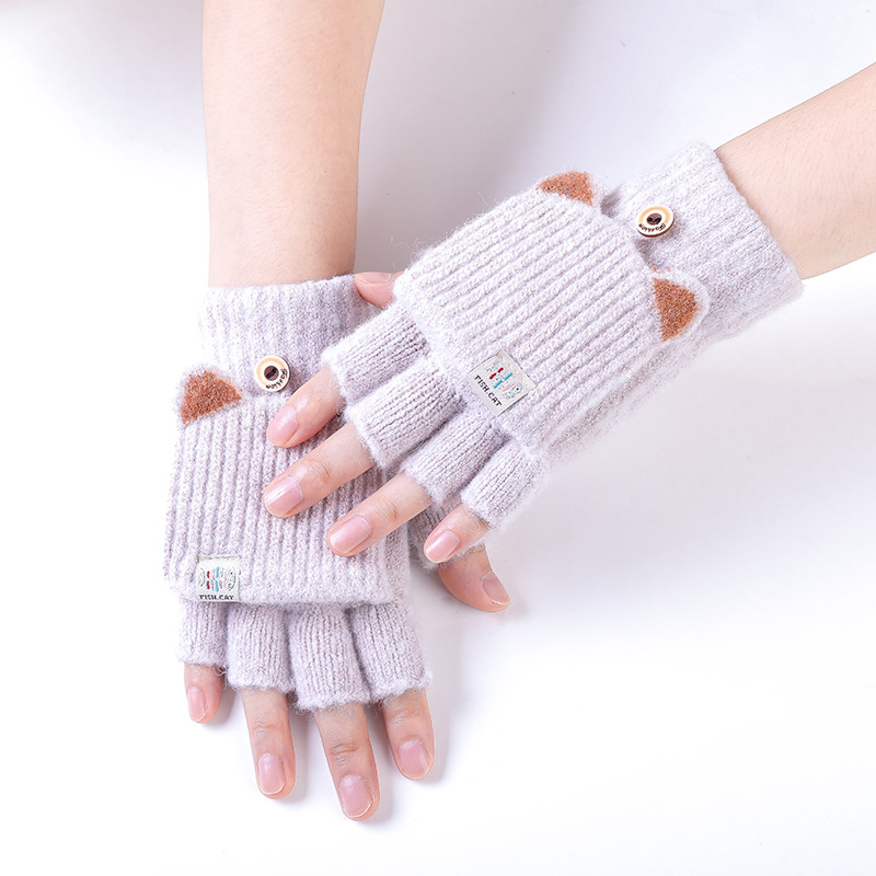 手套女冬季可爱毛线半指翻盖手套韩版学生骑车保暖防寒写字手套