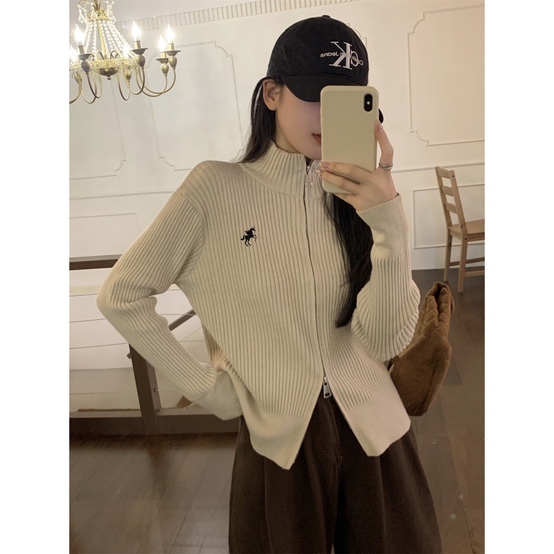 美式拉链高领针织开衫女秋冬季新款内搭毛衣外套黑色短款上衣工厂