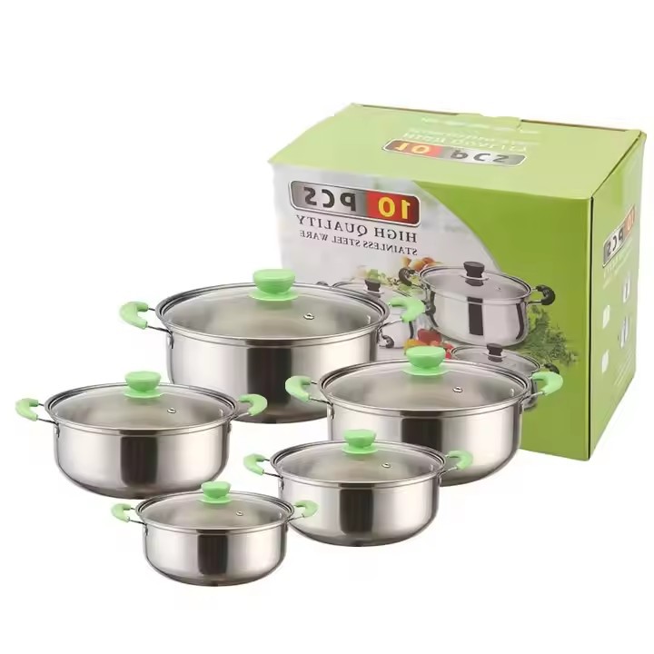 跨境货源锅具套装不锈钢金柄彩色汤锅10件套pots家用汤锅组合套装