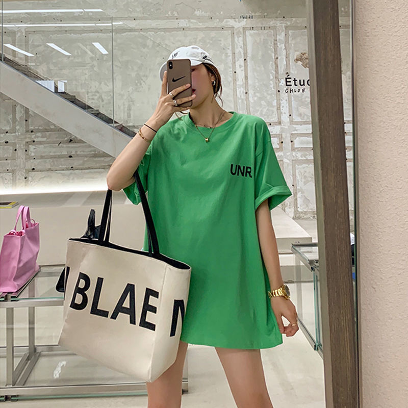 绿色t恤女夏季设计感小众中长款下衣失踪配纯棉上衣宽松半袖体恤