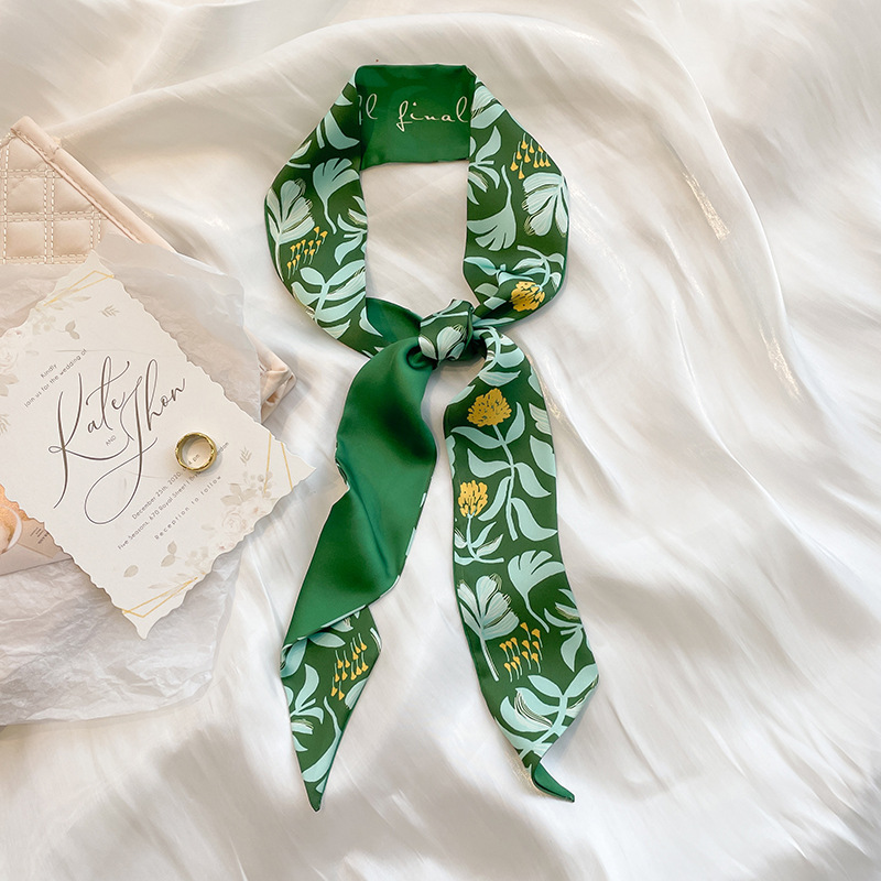 Green French Style Hair Band Spring/Summer Thin Vintage Flower Scarf Women's Small Long Ribbon Decorative Scarf Ribbon