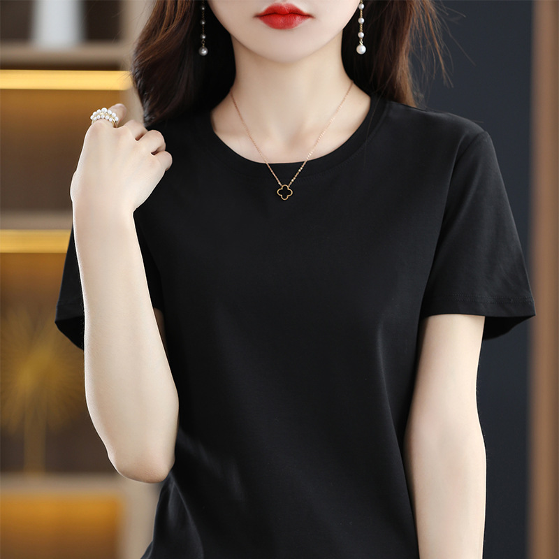 Upgraded 80 Mercerized Cotton Short-Sleeved Women's Summer Women's round V-neck Loose Basic Style Cotton T-shirt Top T-shirt