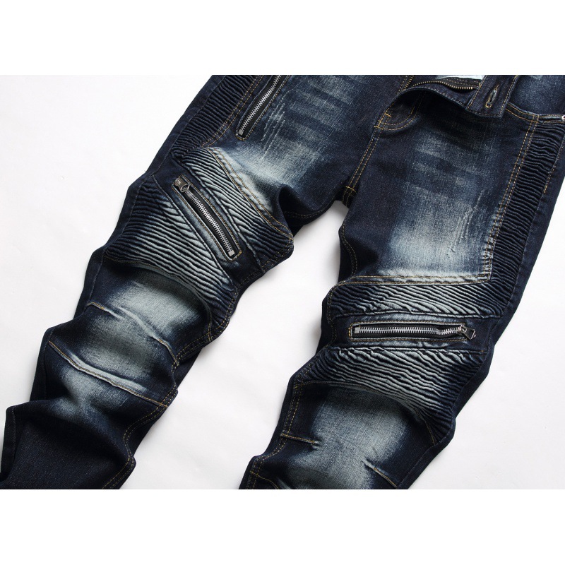 。。  New Men's Jeans Slim Straight Washed Motorcycle Straight Dark Blue Amazon Aliexpress Wish Trousers