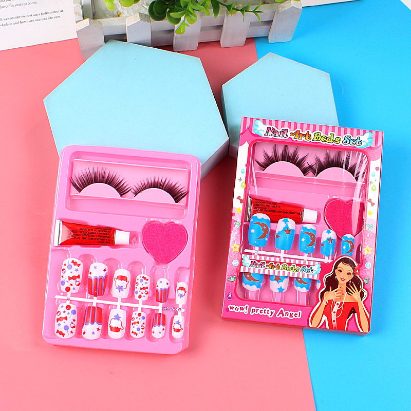 Children's nail enhancement set, finished nail patches, false eyelashes, false nails, bright pink patches, net red jewel