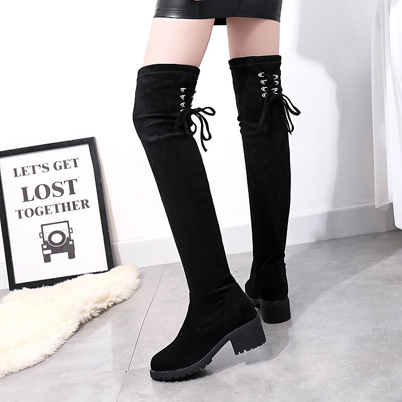 韩版新款过膝长靴子女款秋冬季加绒长筒靴粗跟中高跟显瘦弹力靴子