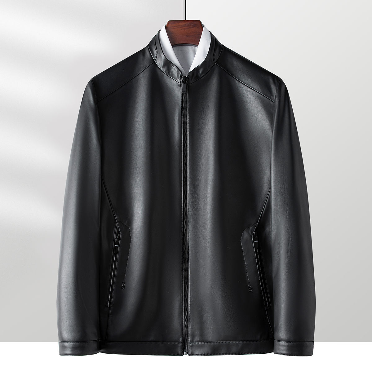 工厂现货2024春季海宁新款商务休闲绵羊皮皮衣外套立领男士皮夹克