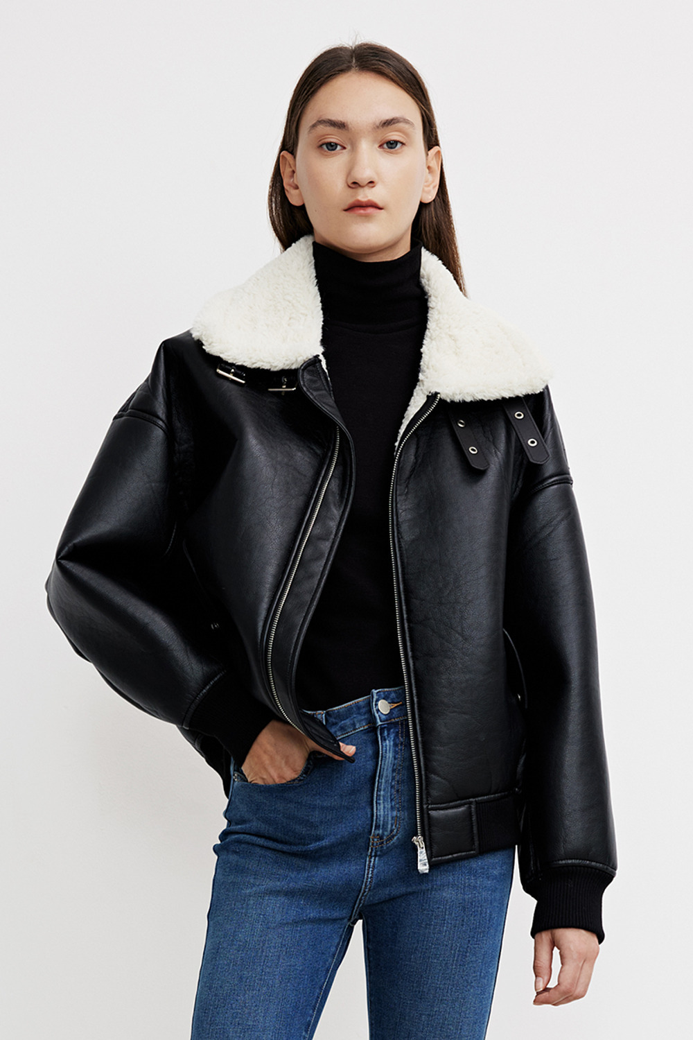 u家高街羊羔毛pu皮毛一体机车皮衣外套女冬季加绒加厚wl43s1en200