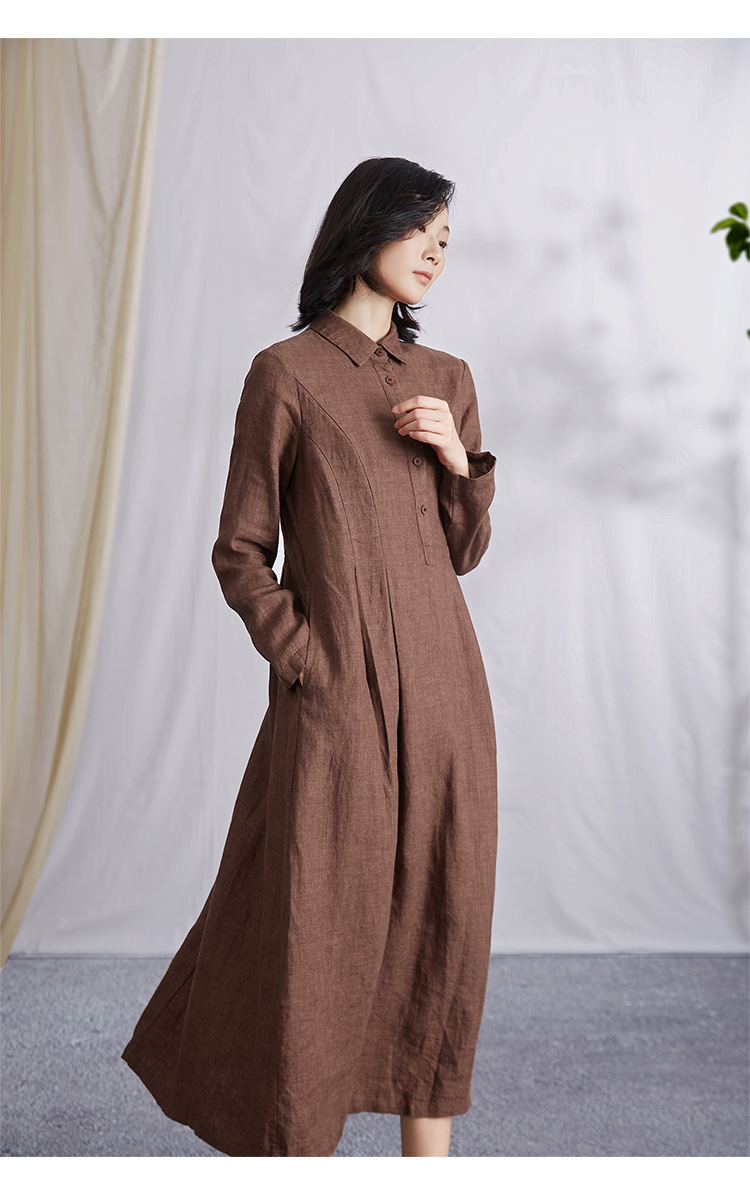 2021女装秋装新款亚麻长袖翻领连衣裙宽松大摆复古显瘦长裙