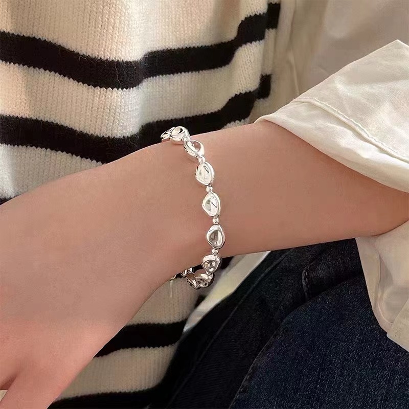 S925 Silver Japan and South Korea Heavy Industry Special-Interest Design Bracelet Female Irregular Ins Cold Style Minimalist Stone Beanie Bracelet