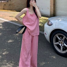 韩版粉色棉麻套装女2024夏季小个子时尚盐系背心上衣阔脚裤两件套