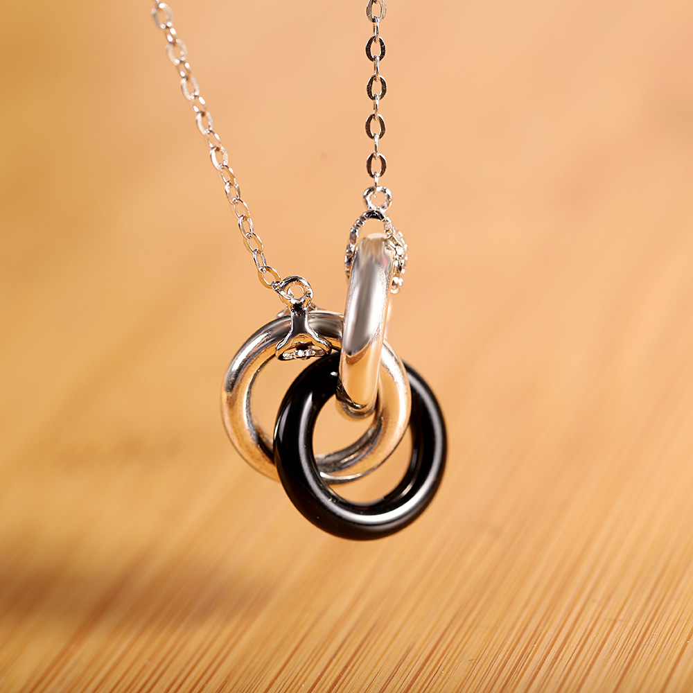 人品银品 s925银镶嵌玛瑙简约时尚三环套月女式时尚项链 跨境新品