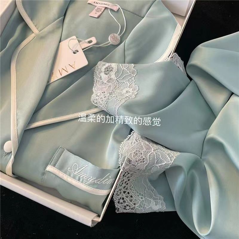 Tiffany Blue Ice Silk Pajamas Women's Spring and Autumn Long Sleeve New Artificial Silk High-Grade Silky Home Wear Two-Piece Set