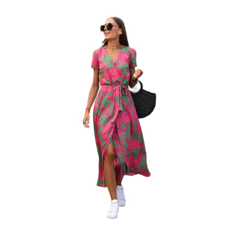 2023 European and American Women's Clothing Cross-Border Foreign Trade Aliexpress Amazon Summer New V-neck Printed Lace-up Dress Women Clothes