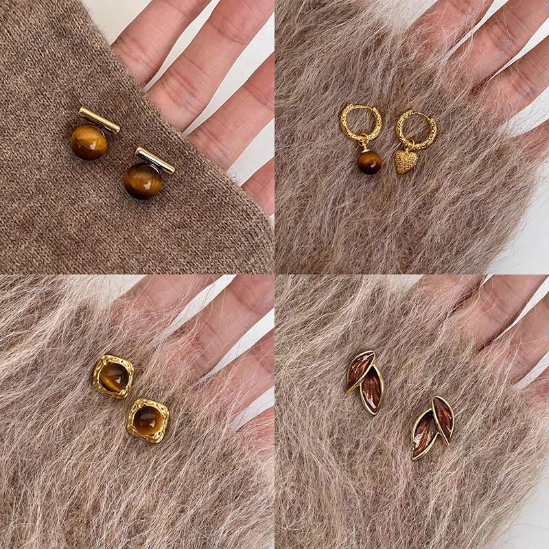 Caramel Chestnut Maillard Style 925 Sterling Silver Tigereye Geometric Ear Studs Women's Autumn Winter Retro Earrings Earrings