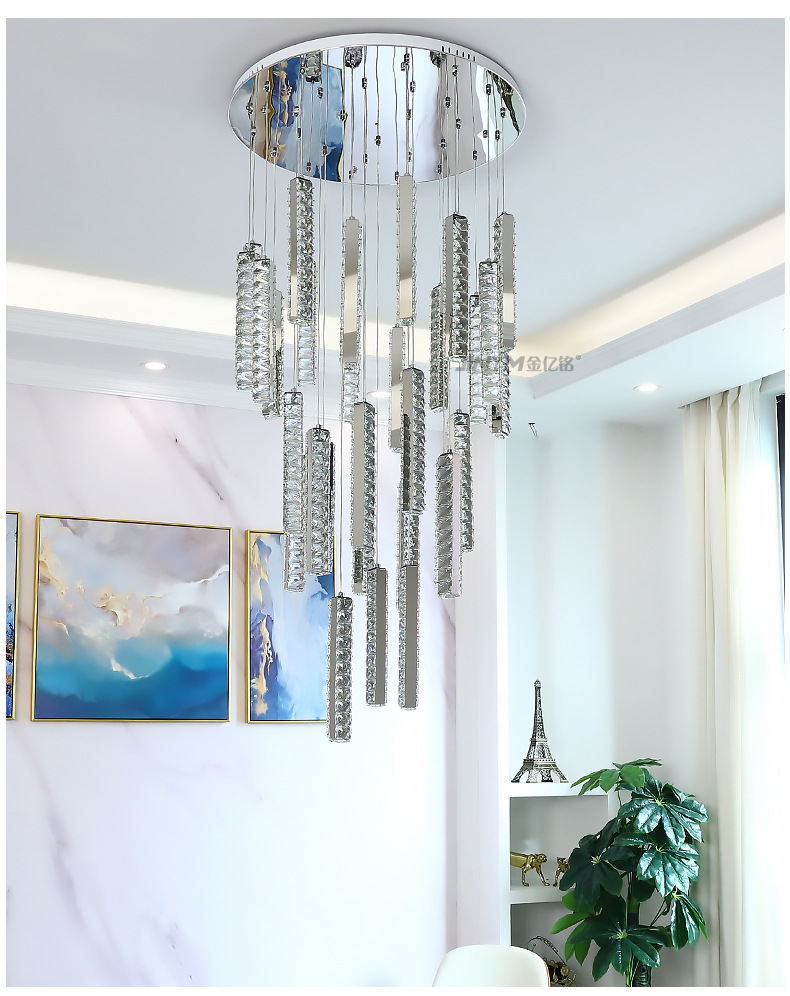 简约现代led不锈钢水晶竖条吊灯复式楼loft中空轻奢旋转楼梯吊灯