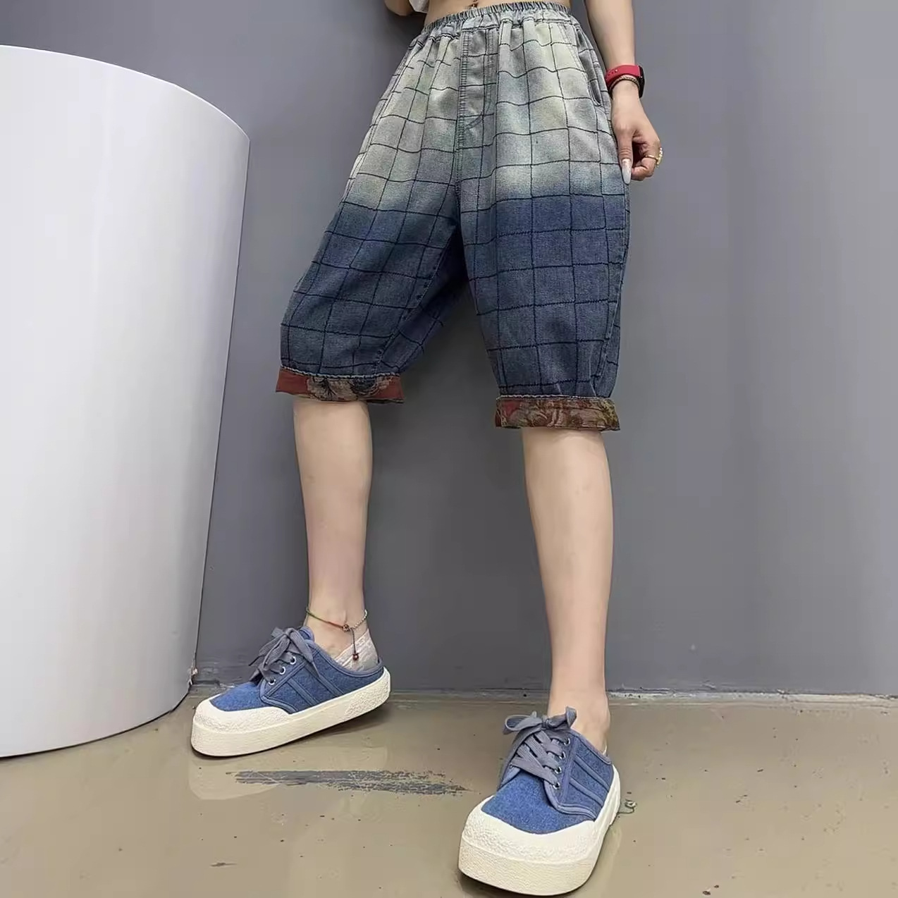 格子牛仔六分裤 2024夏季新款 松紧腰水洗磨白百搭休闲女士哈伦裤
