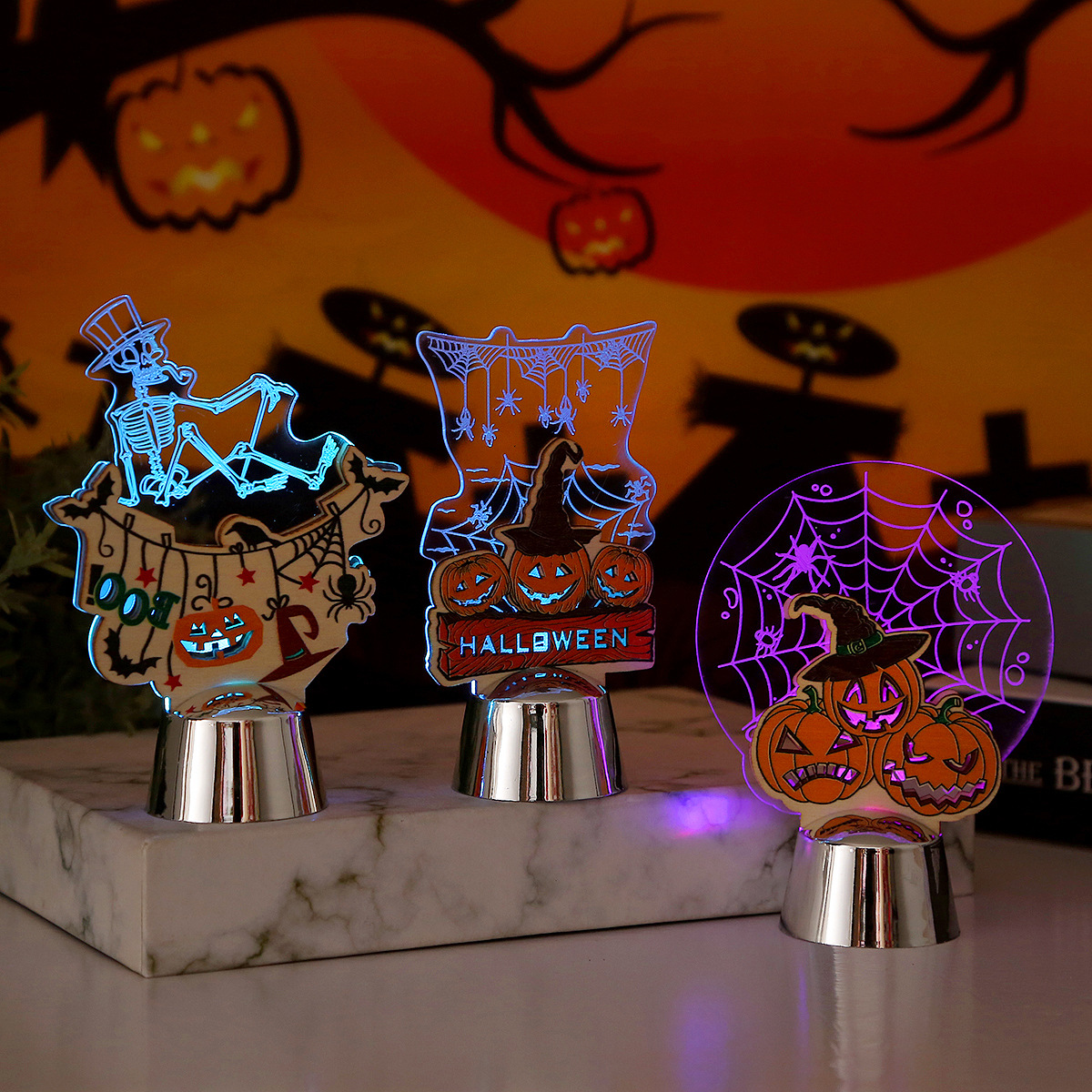 Acrylic Decoration 3d Desktop Small Night Lamp Halloween Atmosphere Decoration Lamp Carved Skull Pumpkin Lighting