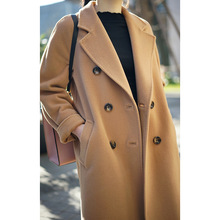 现货韩版纯色气质通勤宽松型西装领羊毛无腰带V领大衣