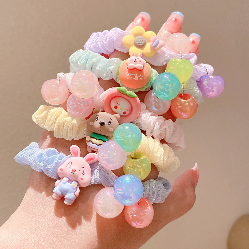 Summer Fresh and Cute Candy-Colored Beads Small Intestine Ring Hair Ring Japanese and Korean Sweet Girl Hair Rope Flower Rubber Band