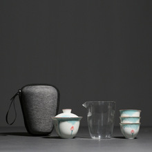 手绘荷花盖碗一壶三杯旅行茶具便携快客杯陶瓷功夫小套装