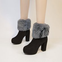 粗跟马丁靴短靴女流行冬季新款加绒雪地靴棉鞋保暖高跟毛毛靴批发